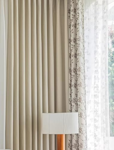 Whoiy Patio Door Blackout Curtains 72 Inch 2 Piece, Grommet Patchwork Drapes with Flower Printed Jacquard Modern Beige Curtains Room Darkening 52W x 72L Inch