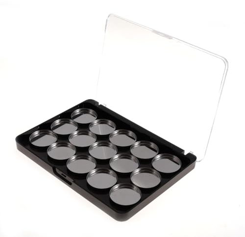 VANANA Magnetic Makeup Palette, DIY Empty Eyeshadow Blush Highlighter Cosmetics Case Holder Tray (Black (Clear Lid), 14x10cm - Palette & 15Pcs Round Pan)