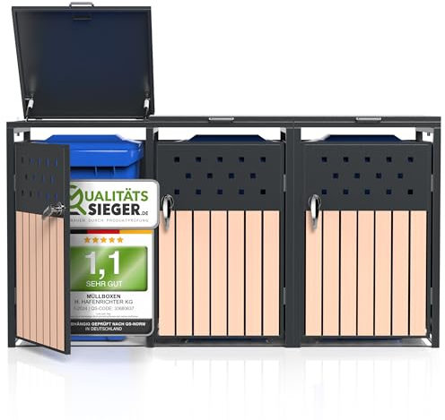 Anpassbare Mülltonnenbox für 1-4 Tonnen 240L - rostfreier Stahl, 22 Designs, geruchsreduzierend, Klappdächer mit Gashebern, Lochmuster & Holzoptik, selbstmontage, Farbe: RAL 7016