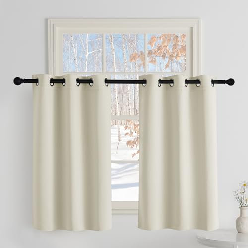 PONY DANCE Bistrogardine Küche Kurze Gardinen mit Ösen H 100 x B 90 cm Verdunklungsvorhänge Scheibengardinen Blickdicht Vorhänge für Badezimmer Fenster, Hellbeige
