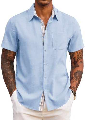 COOFANDY Men's Short Sleeve Casual Shirts Summer Shirts for Men UK Holiday Beach Shirt with Pockets Light Blue XXL
