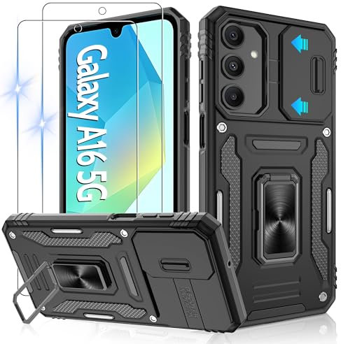 Jshru Handyhülle für Samsung Galaxy A16 5G Hülle Kameraschutz Slide Camera mit 2 Stück Schutzfolie, mit 360° Metall Ring Ständer Case Stoßfest Schutzhülle für Samsung Galaxy A16 5G,Schwarz