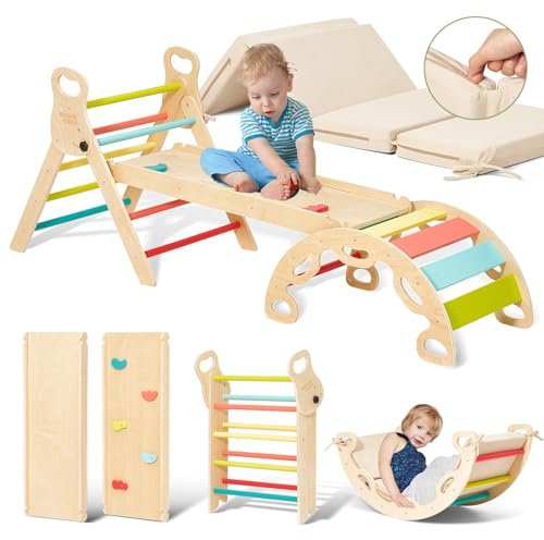Giant bean 5-in-1 Montessori Kletterdreieck mit Kletterbogen und Rutsche, Holzdreieck für Kleinkinder ab 1-3, Indoor Kletterspielzeug, Regenbogen mit Kissen, S