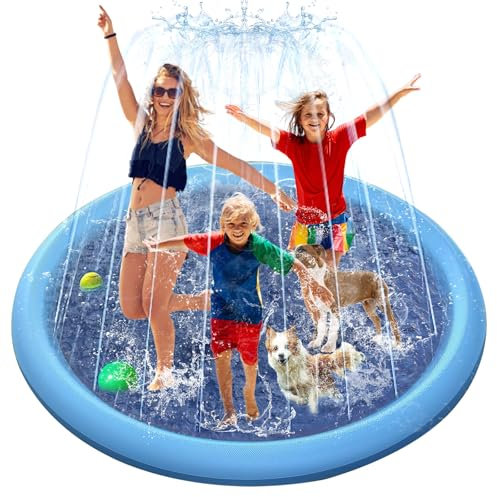 Piscina para Perros con Aspersor, SilverChry 170 * 170cm Juegos de Agua para Niños Exterior, Almohadilla de Aspersor de Juego, Alfombra de Agua para Perros, Splash Pad Niños Mascotas (Azul)