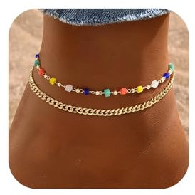 TINGN Fußkettchen für Damen, Bunte Perlen Geschichtetes Fußkette Verstellbar Fussketten für Frauen Boho Strand Sommer Strand Teenager Mädchen Schmuck Personalisierte Fußkette für Frauen Mädchen Damen