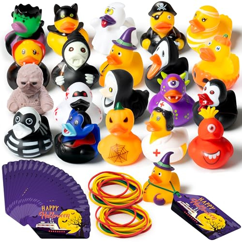 PANTIDE 60 Stück Halloween Gummi Enten Set – Party Mitgebsel für Kinder, Badeenten mit Karten & Gummibändern, Lustiges Ducking Spielzeug für Kreuzfahrt, Jeep Dekoration & Geschenkideen zu Halloween