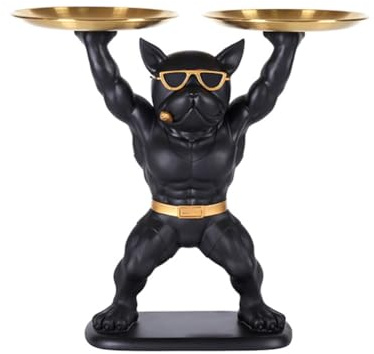 Harewtwy French Bulldog Desk Ornaments Versatile Home Desktop Tray for Home Desk Decoration Weightlifting French Bulldog Double Plate (Black)