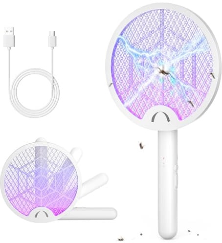 YISSVIC Racchetta Zanzare Elettrica Pieghevole 3 in 1 4000V 1800mAh Tipo C | Ricaricabile con Luce LED, Scacciamosche Portatile, Adatto per Interni ed Esterni, Bianco