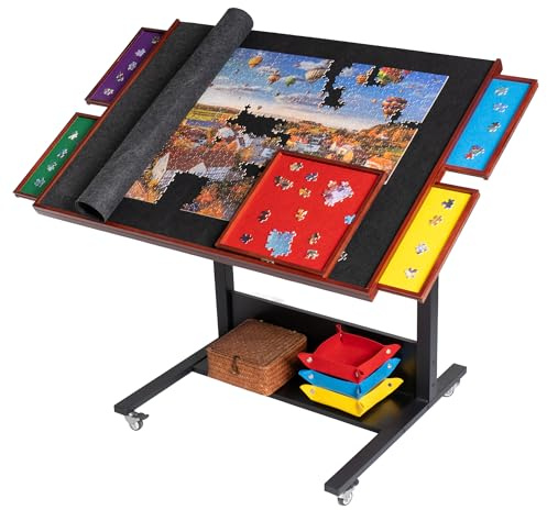 SanCallie 1500 Teile Puzzletisch, Kipptisch/Brett mit Höhenverstellung, 5 farbige Sortierschalen mit staubabweisender Filzabdeckung, geschlossen mit 4 Rollen, 1500 Teile