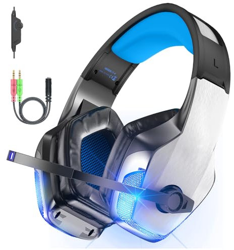 Bengoo V-4 Auriculares para Juegos para PS4/PS5/PC/Xbox One, Auriculares Gaming Cancelación de Ruido, Cascos con Microfono Estéreo Sonido, Cascos PS4 con 3.5mm Jack con Luz RGB (Azul)