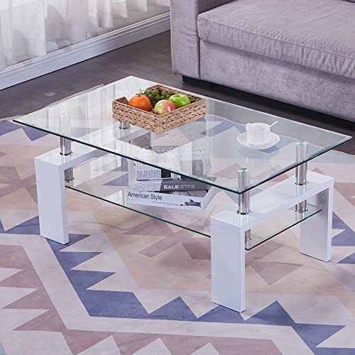 GOLDFAN Table Basse en Verre Rectangulaire Blanc de Salon Design Moderne avec Espace de Rangement