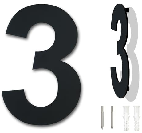 Número de casa moderna cepillada-4 pulgadas, altura 102 mm-acero inoxidable sólido 304, chapado en negro (Número 3 Tres)