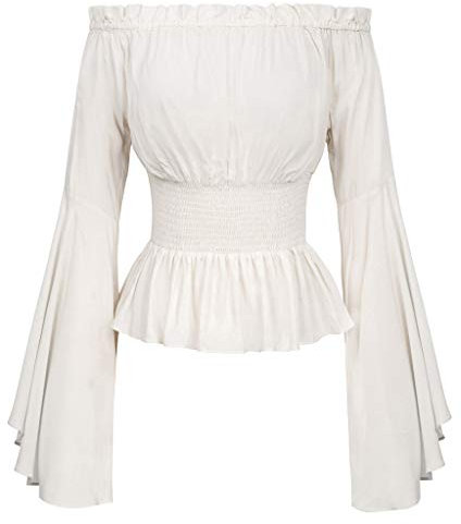 Fashion Women Tops, Womens Gothic Renaissance Blouse Flare Sleeves Ruffles Off Shoulder Corset Tops Medieval Victorian Cosplay Costume Pirate Shirt White