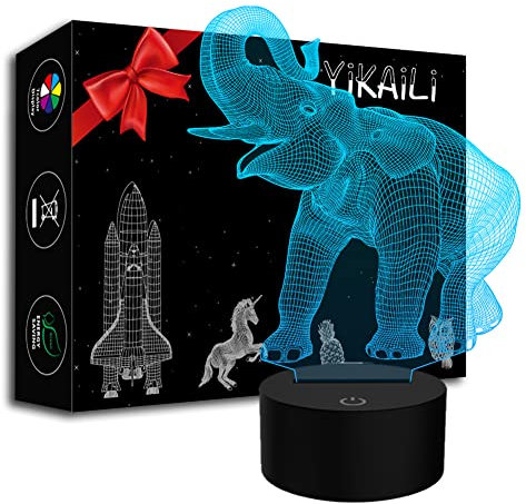 YiKAiLi Tiere Elefant 3D Optische Täuschung Lampe, Schreibtisch LED Nachtlicht USB-Stromversorgung 7 Farben Blinken Berührungsschalter für Kinder Schlafzimmer Weihnachts Geburtstag Dekoration