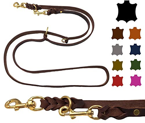 Hundeleine Fettleder Messing kleine Hunde/große Hunde 2m / 2,40m / 2,80m / 3,50m / 5m Doppelleine verstellbar (2m X 8mm, Dunkelbraun)