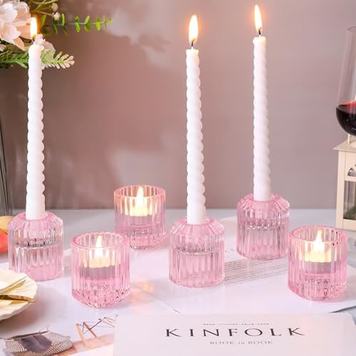 6pcs Glas Kerzenhalter 2 in 1, Teelichthalter, farbenfroher Kerzenständer für Tischdekoration, Heimdekoration, Hochzeiten, Geschenke zu Weihnachten, Geburtstagsfeiern, Schlafzimmer (rosa)