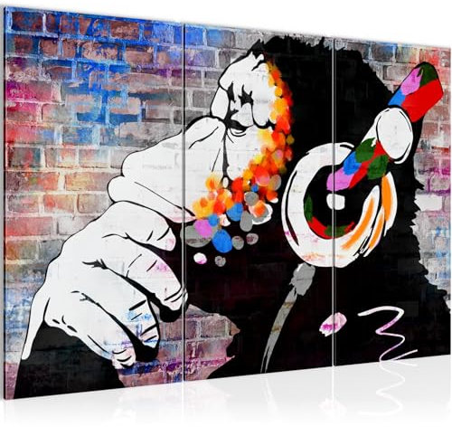 Runa Art Wandbilder Affe mit Kopfhörer Bild XXL Loft Wohnzimmer Bunt Street Art Graffiti 120 x 80 cm 3 Teilig 042531c