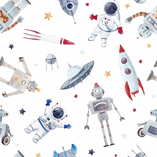 decomonkey Fototapete selbstklebend Kinder Kinderzimmer Tapetenrolle 10 m Tapete Vliestapete Deko Panel Modern Design Wanddeko Wandtapete | Beige Kosmos Abstrakt Robot Rakete