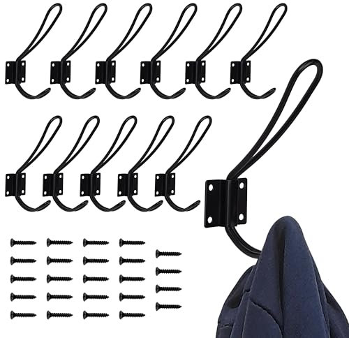 BELLE VOUS Lot de 12 Crochet Porte Manteau Mural Noir - En Métal Résistant avec Vis pour Entrée, Salle de Bains, Chambre, Cuisine - Patere Porte Manteau, Vêtements, Chapeaux, Écharpes & Serviettes