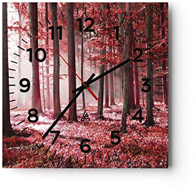ARTTOR Modern Wanduhr Wald Rot Bäume 30x30cm Quadrat Klein Wand Uhr Glas Analog Zimmeruhren Küche Büro Wohnzimmer Glasuhr Wall Clock Dekoration Design Wanddekoration Küchenuhr C4AC30x30-4944