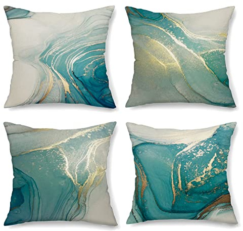 OCEUMACO Leinen Kissenbezug 45x45 Petrol Marmor Kissenhülle 4er Set Sofakissen Dekokissen Bezug für Couch Geometrische Muster Kissen Kissenbezüge Outdoor Deko Couchkissen Zierkissen - Türkis Gold