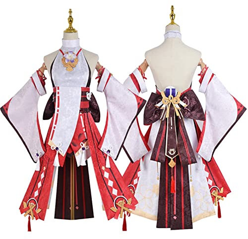 PUYYDS Frauen Spiel Anime Sexy Cosplay Yae Miko Guuji Yae Kostüm Perücke Kleid Party Outfit Halloween Kostüme