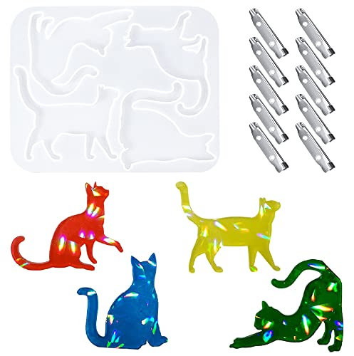 Weenkeey Katze Epoxidharz Formen mit 10 Stück Brosches Katze Kristall Gießformen Schmuck Gussform Tiere Resin Silikonform für DIY Handwerk Anhänger Halskette