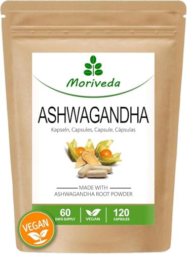 Ashwagandha capsules 1200mg - 100% poudre de racine - 60 jours d'approvisionnement - l'équilibre, la qualité de vie et la paix intérieure - de l'Inde - Vegan et sans gluten - par MoriVeda - 120 pièces