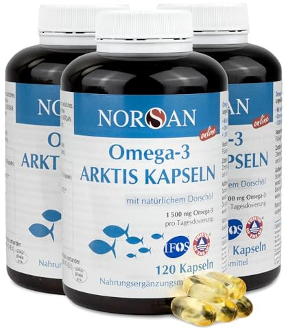 NORSAN Premium Omega-3 Arktis Dorschöl Kapseln 3x120 Kapseln - 1.500 mg Omega-3 pro Portion - Fischöl Kapseln aus nachhaltigem Wildfang