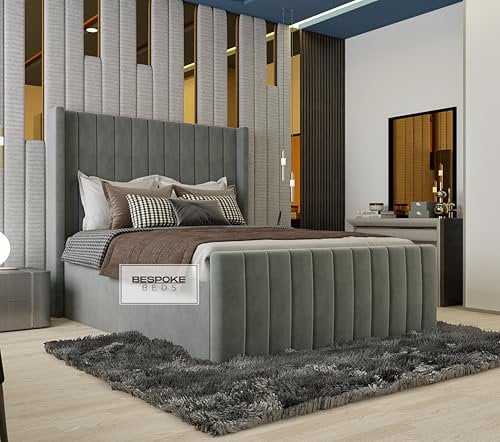 Winged Luxury Bed Frame, Plush Velvet Bed, Ottoman Storage Bed Frame (Grey Plush Velvet, 4FT6 DOUBLE)