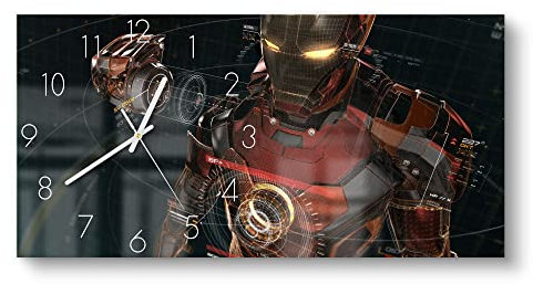 DEQORI Glasuhr | vertikal 60x30 cm | Motiv Legendäre Iron Man Anzug | große XXL Design Uhr aus Glas | leise Wanduhr für Wohnzimmer & Küche | Moderne Hingucker Uhr für die Wand