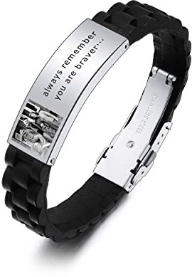 INBLUE Réglable en Acier Inoxydable Silicone Bracelet Personnalisé Personnalisé Sculpture Photo & Texte Bracelet Bijoux Cadeaux pour Hommes Petit Ami Mari Frère Père - Noir&Argent