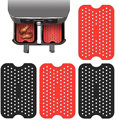 4 Pack Reusable Silicone Air Fryer Liners - 7.7 Square Perforated Non-Stick Mats for Tower Models, Heat-Resistant Cooking Pads in Red & Black (Set of 4)