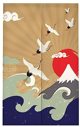 Surwin Japanese Noren Doorway Curtain Cotton Linen Chinese Style Door Curtain Window Treatment Tapestry for Decorative Bistro Kitchen Partition Shading Home (90x150cm,Cloud sun)