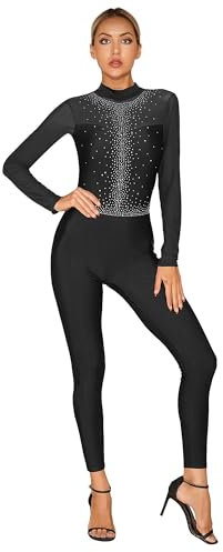 CHICTRY Gymnastikanzug Damen Ganzkörper Langarm Ballettanzug Stehkragen Tanzbody Strass Glitzer Turntrikot Patchwork Tanzanzug Mit Cut Out A Schwarz M