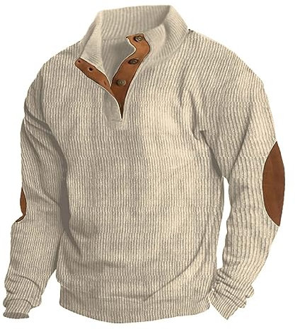 Mens Corduroy Henley Shirts Casual Long Sleeve Ribbed Waffle Sweatshirts Lapel Collar Button Up Mock Neck Pullover Sweaters with Elbow Patches Beige