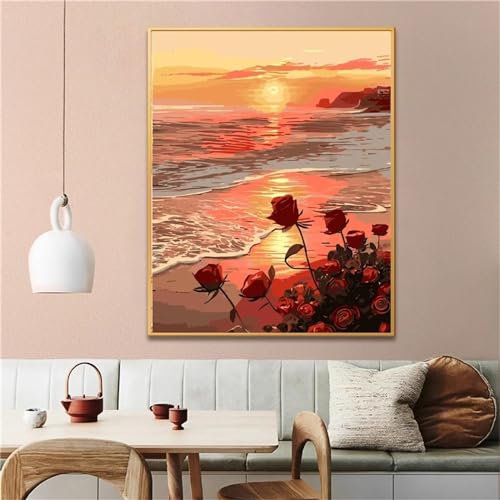 Yoonqun Malen Nach Zahlen Erwachsene,Sonnenuntergang Rose Strand DIY Ölgemälde auf Leinwand Erwachsene Kinder Ölgemälde Kit mit Pinseln und Acrylfarbe für Home Décor (ohne Rahmen) 40x50cm