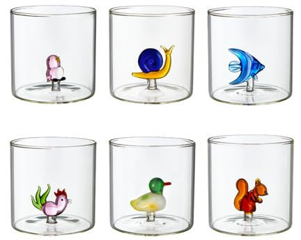 Montemaggi Set 6 Pezzi Tumbler Bicchieri con Animaletti 8x8cm Vetro Borosilicato