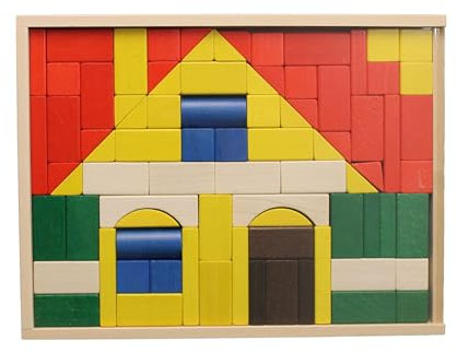 Baukasten Puzzel Haus groß aus Holz bunt 83 Teile Breite 29mm Würfel Quader Zylinder Bogen Prisma Bild