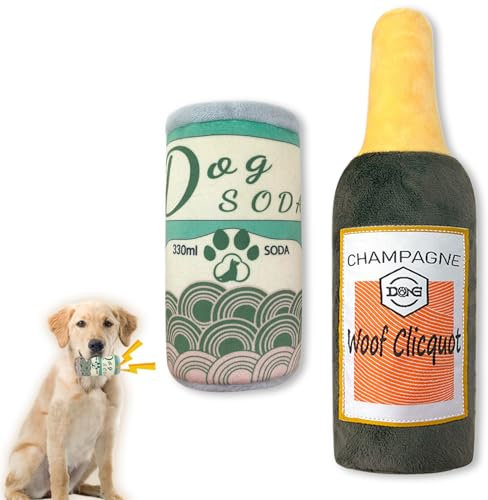 Duuclume 2 Pack Dog Squeaky Plush Toys Set, Funny Dog Chew Toys Beer Wine Bottle Shape,Interactive Water Bottle Dog Squeaky Toys, Puppy Birthday Gifts for Small, Medium and Large Dogs Yellow
