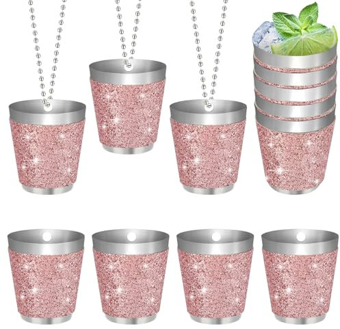 NEOVSUNY 12 vasos de chupito de acero inoxidable con cadena, 30 ml, reutilizables, vasos de chupito, para fiestas, color rosa, vasos de metal para colgar para bodas, carnaval, cata de vino, fiesta