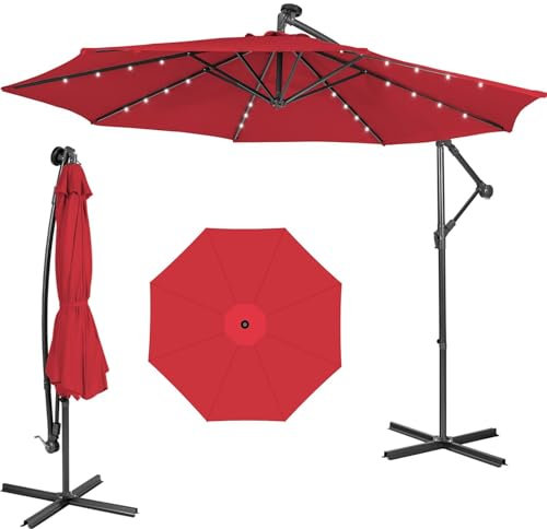 TANGZON 10 FT/3M Outdoor Cantilever Umbrella with 32 LED Lights, Garden Parasol with 8 Sturdy Ribs, Easy Tilt Mechanism, Steel Base, Patio Market Offset Umbrella for Backyard Pool Lawn (Wine)