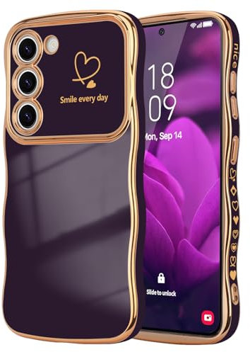 LCHULLE Kompatibel mit Samsung Galaxy S23 5G Hülle Liebesherz Handyhülle Wellen Lockige Form Mädchen Kameraschutz Luxus Galvanik Schutzhülle Girls Silikon Case für Samsung S23 5G Dunkellila