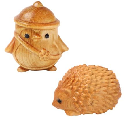 SHIDXIB Niedlicher Pinguin-Griff aus Holz und bezaubernder Igel, Holzschnitzerei, charmante Details, handgefertigt, Schreibtisch-Ornament, 2 Stück