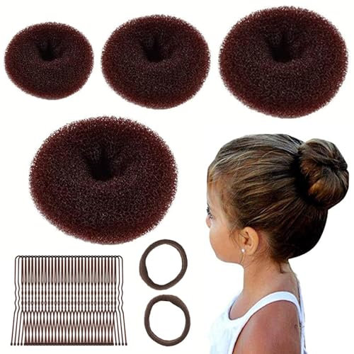 4 Stück Donut Hair Bun Maker Set mit 2 elastischen Haarband, 30 U-Form Haarspange Haarnadel, Duttkissen, Dutt Maker für Kinder Mädchen Frauen (braun 2)