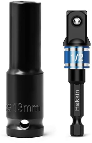 Hakkin 1/2 inch Drive Impact Socket Set 13mm Deep 6-Point Impact Socket and 1/4 Hex Shank to 1/2 Drive Adapter Heavy Duty Chrome Vanadium Steel