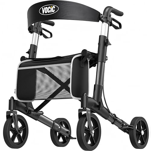 VOCIC Rollator Faltbar und Leicht mit Sitz, Rollatoren Schmal für Wohnung Klappbar Aluminium Gehhilfe für Senioren, wiegt nur 7.8kg, Kaufen Walker Für Alle Terrains, 5 Jahre Support | Schwarz