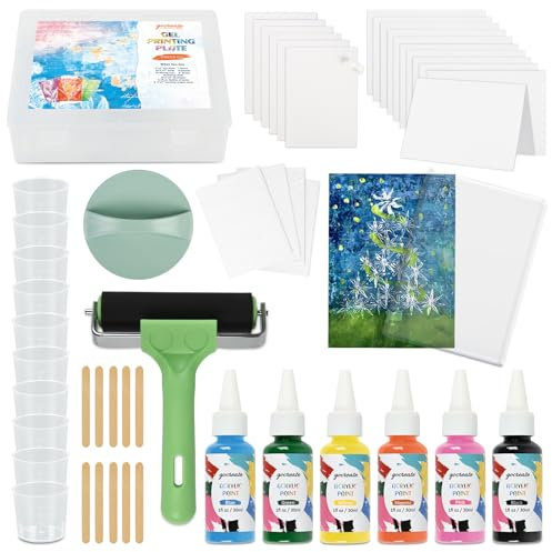 Gel Printing Plate Kits with Paints, Brayer, Baren, Stencils, Washi Stickers, Mixing Cups, Sticks, Blank Cards and Envelopes Storage Case 5X7 Gel Plate for Printmaking Supplies for Art and Crafts