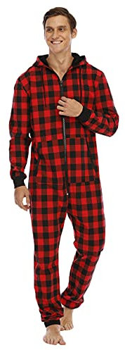 Schlafoverall Herren Lang - Hausanzug Einteiler Herren, Kariertes Onesie Jumpsuits Mit Reißverschluss Und Kapuze Winter Overall Einfarbig Loungewear Langarm Schlafoverall Pyjama Jumpsuit Strampler