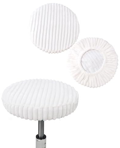 Bestenrose Hockerbezug Rund 2 Stück Plüsch gestreift Bezug für Barhocker Stuhlhussen PU Sitzkissen Bürostuhl Hocker Bezug Sitzkissenbezug für Esszimmerstühle Runder Hocker (Weiß, Large)